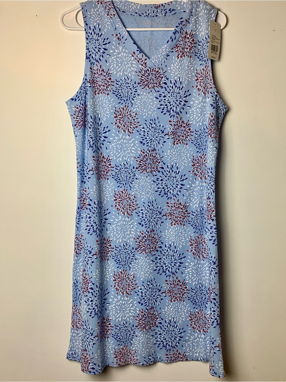 Kim Rogers Red White And Blue Fire Work  4th July Sleeveless V-Neck Shift Dress